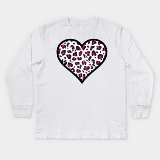 Pink and Black Leopard Print Heart Kids Long Sleeve T-Shirt